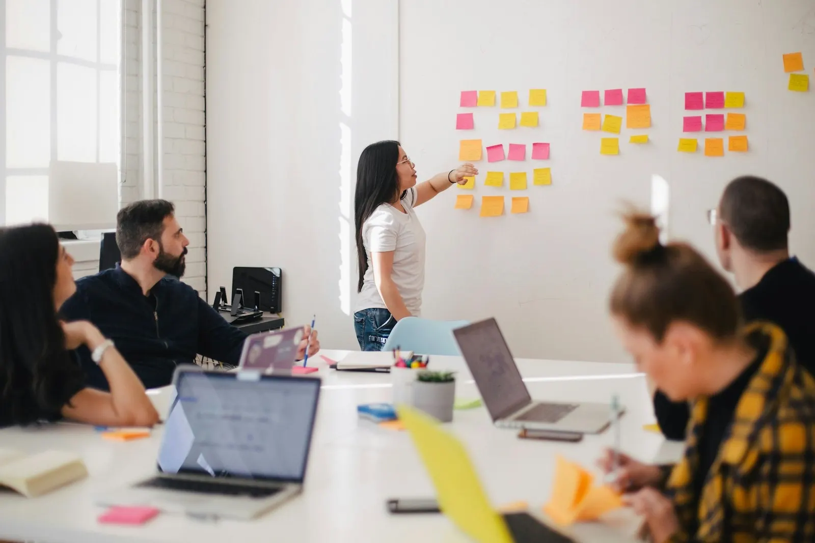A team mapping a process on a whiteboard